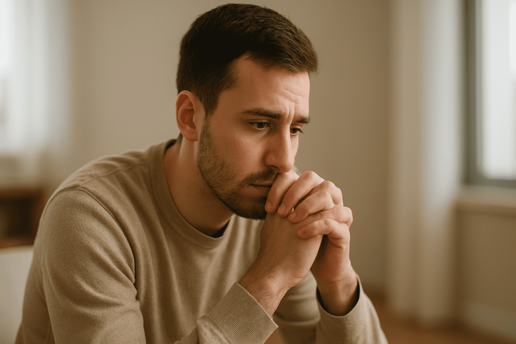 A young man sits in quiet reflection with hands clasped near his face, bathed in soft natural morning light from a nearby window, evoking a mood of introspection and mental focus.