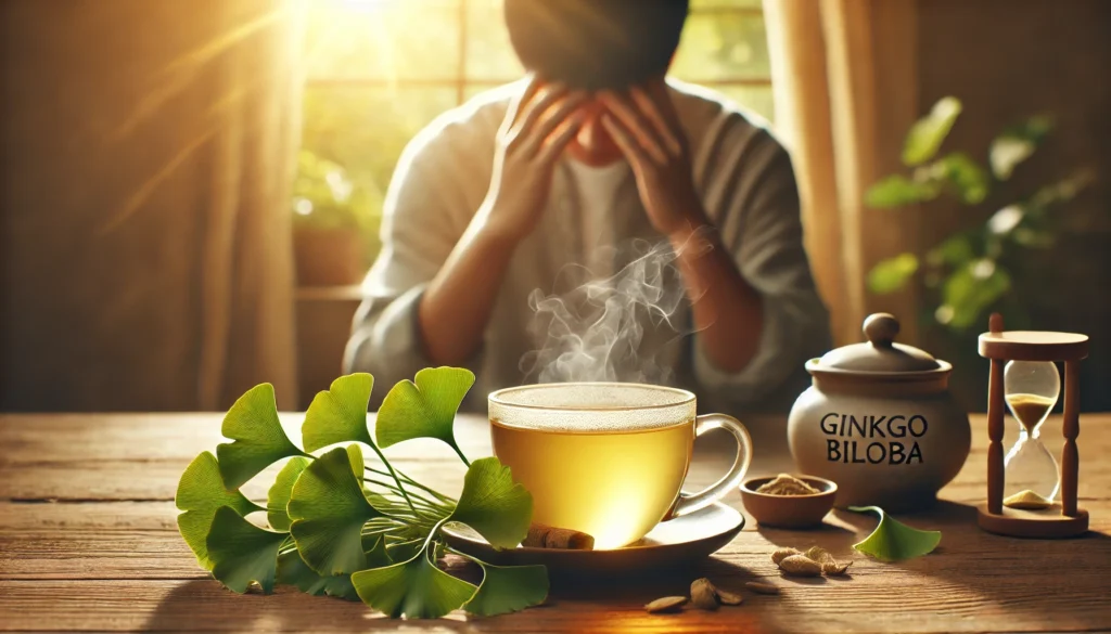 A steaming cup of Ginkgo Biloba tea sits on a rustic wooden table, surrounded by fresh Ginkgo leaves. Warm sunlight filters through a window, and in the background, a person touches their temples in a moment of relief.