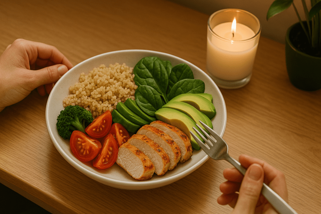 Balanced meal with quinoa, avocado, spinach, grilled chicken, and vegetables on a ceramic plate beside a candle.