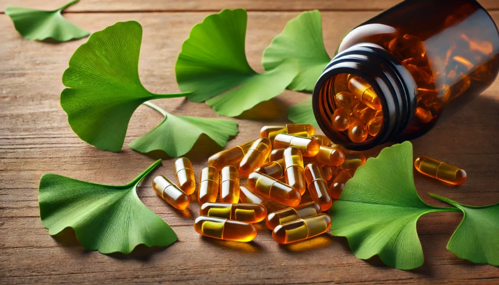 Amber-colored supplement capsules spilling from a glass bottle, surrounded by fresh leaves.