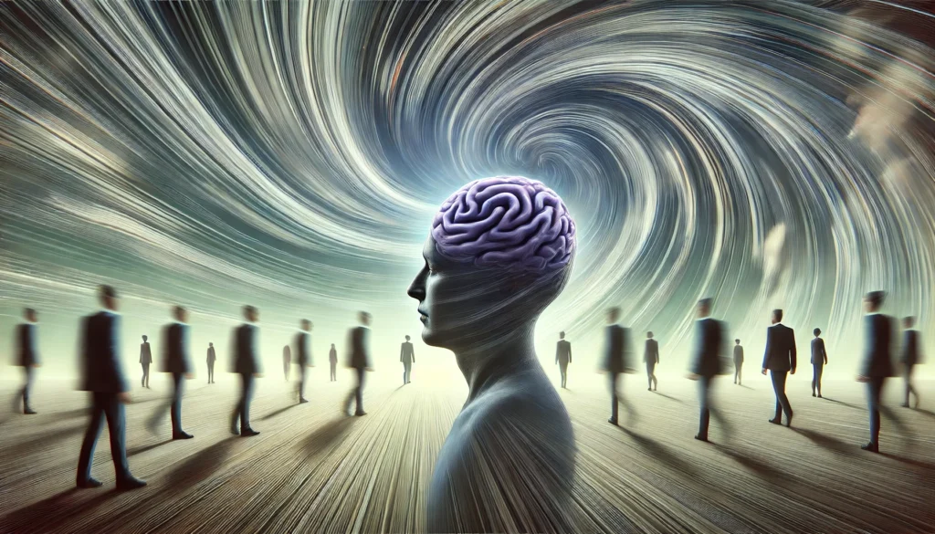 A conceptual depiction of dizziness and vertigo affecting brain function, with a person standing in a blurred, swirling environment, representing disorientation and imbalance.