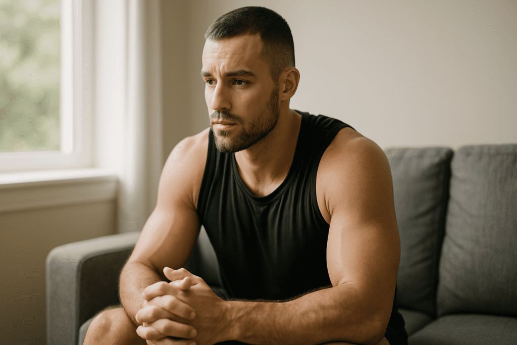 A fit young man in a black tank top sits on a gray couch, hands clasped, gazing thoughtfully toward a window with soft morning light illuminating his face. The background is minimal, with a neutral wall and soft shadows creating a calm, reflective mood.