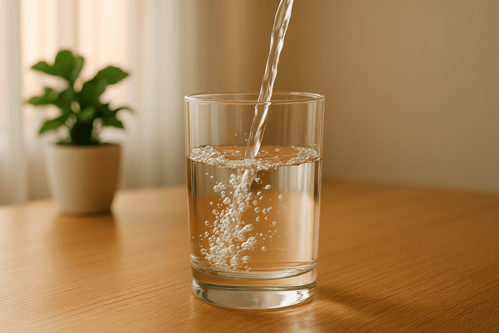 A clear glass of water being poured on a wooden table, surrounded by warm sunlight and greenery, symbolizing hydration for morning energy.