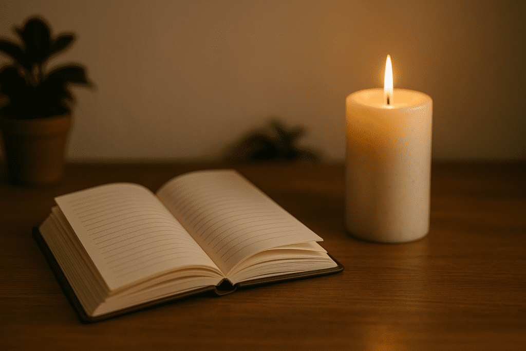 Open notebook and lit candle on a wooden table with soft ambient lighting and a blurred plant in the background, creating a peaceful, reflective scene.