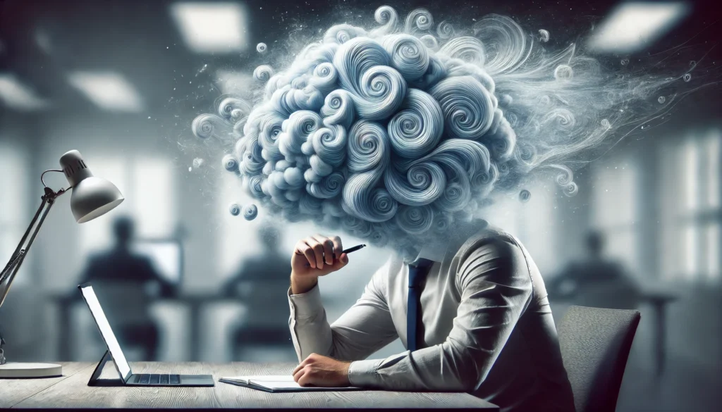 A conceptual image of a person sitting at a desk with their head transforming into a swirling cloud, representing brain fog, mental fatigue, and difficulty concentrating.