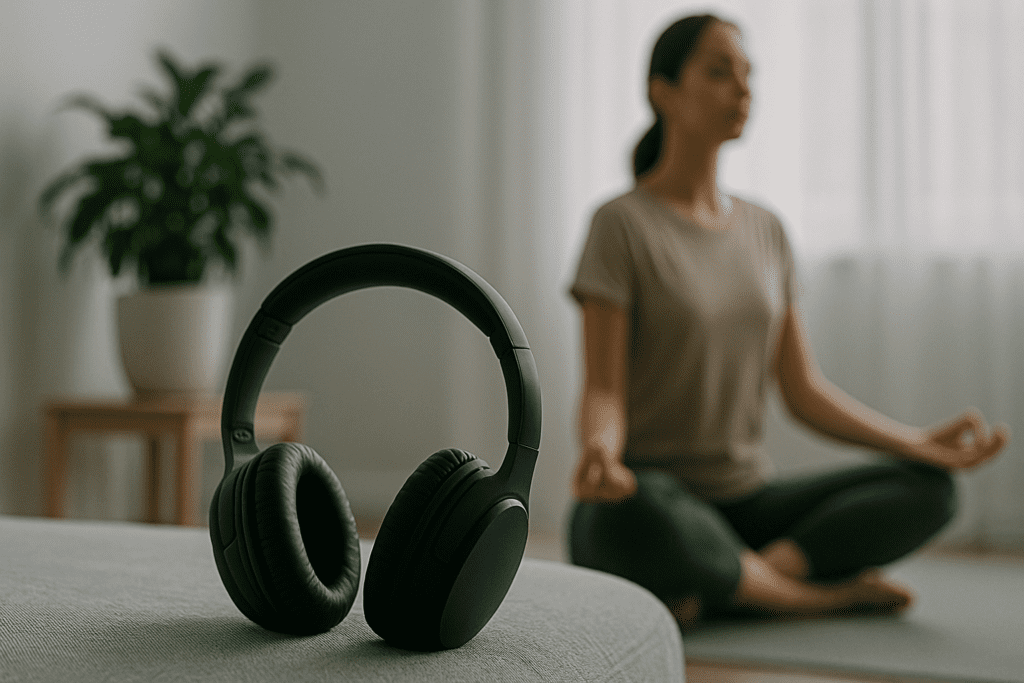 Black over-ear headphones rest on a gray surface in the foreground, with a woman meditating in soft natural light in the blurred background.