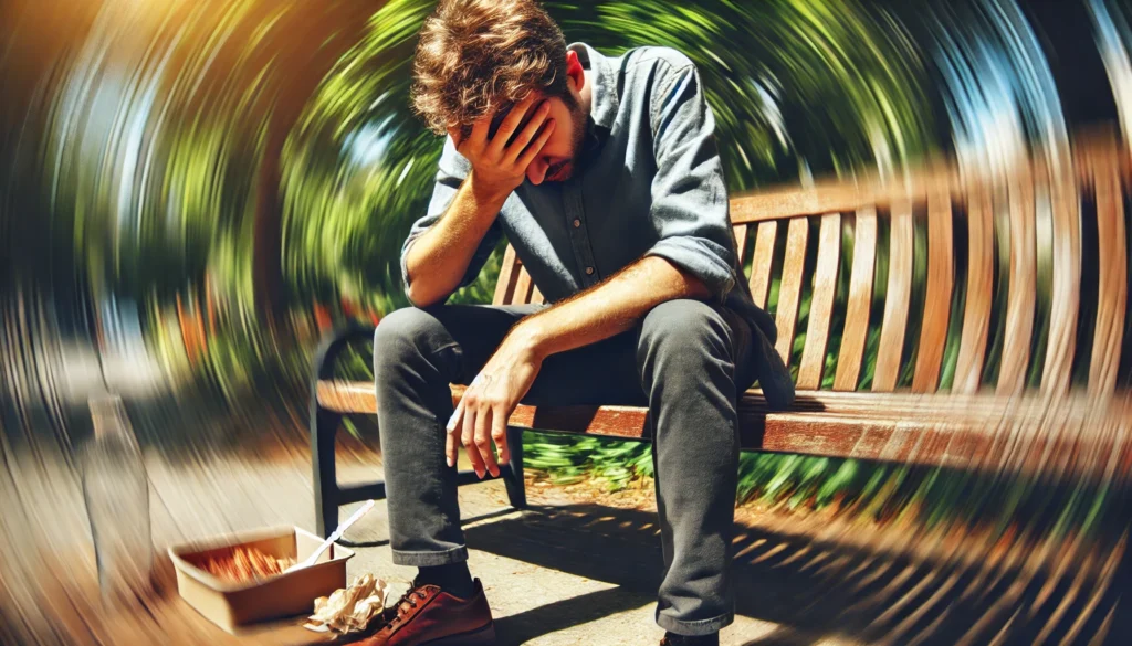 A man sitting on a park bench, holding his head in his hands with a dizzy, lightheaded expression. The background subtly swirls, symbolizing vertigo, while a half-eaten meal beside him emphasizes exhaustion and appetite loss.