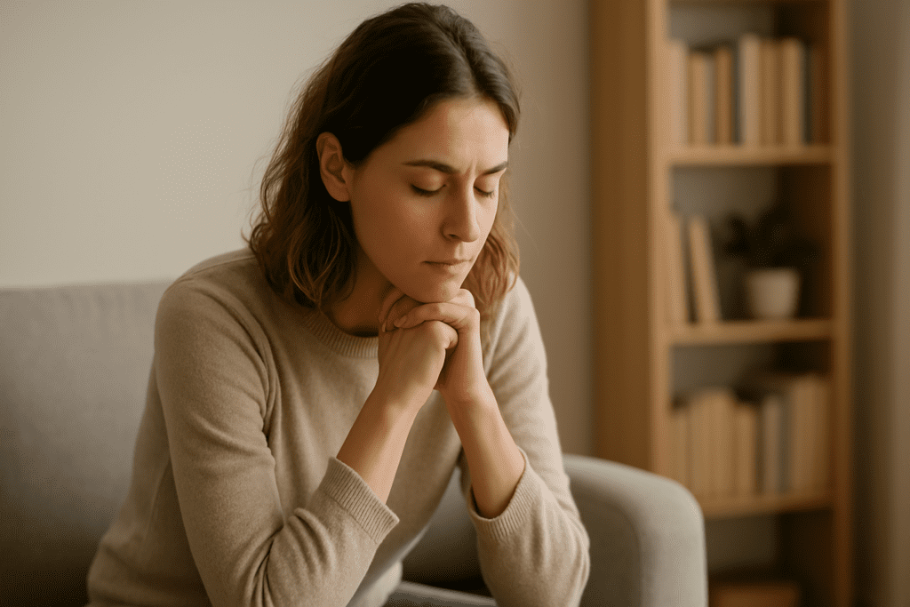 A young woman sits on a gray sofa with her hands clasped under her chin, eyes closed in quiet reflection. The softly lit room features a neutral palette, a wooden bookshelf, and a small potted plant in the blurred background.