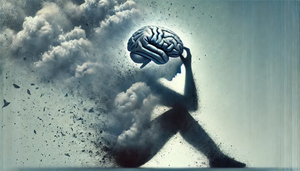 A surreal digital artwork portraying cognitive fog caused by anxiety, showing a distressed silhouette of a person holding their head while their brain dissolves into mist or fragmented pieces, symbolizing confusion and mental fatigue.