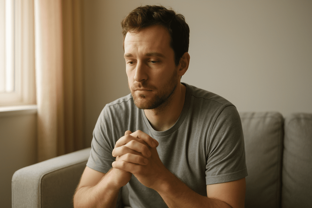 A man in his early 30s sits quietly on a gray couch, hands clasped in front of him, gazing thoughtfully ahead. Soft morning light filters through a nearby window, casting gentle shadows on the neutral-toned room.