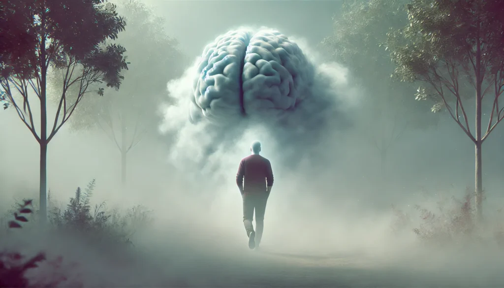 A conceptual illustration of brain fog and cognitive decline, showing a person walking through dense fog with their head blending into the mist, representing mental disorientation.