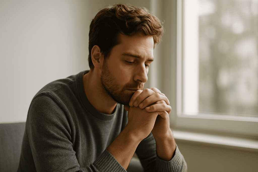 A young man sits quietly by a window, hands clasped under his chin, eyes closed in calm reflection, bathed in soft morning light.