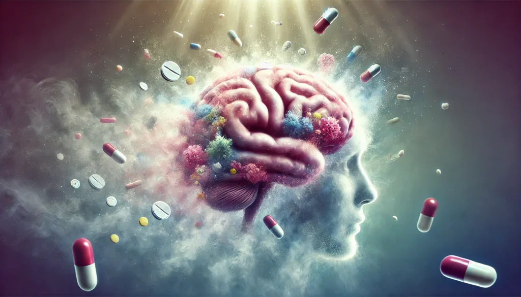 An artistic representation of a brain fading into mist, surrounded by swirling pills and capsules, visually conveying the effects of pharmaceuticals on memory loss and cognition.
