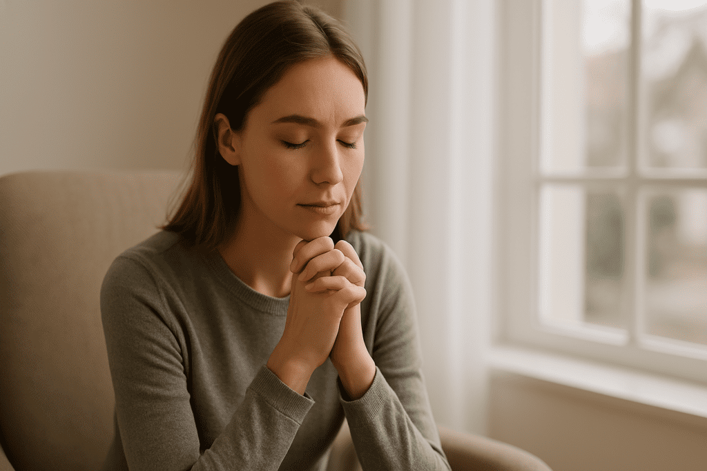 A young woman sits quietly in a beige armchair with her hands clasped under her chin, eyes closed in peaceful reflection. Soft natural light from a nearby window casts a warm glow on her face, highlighting the serene indoor setting.