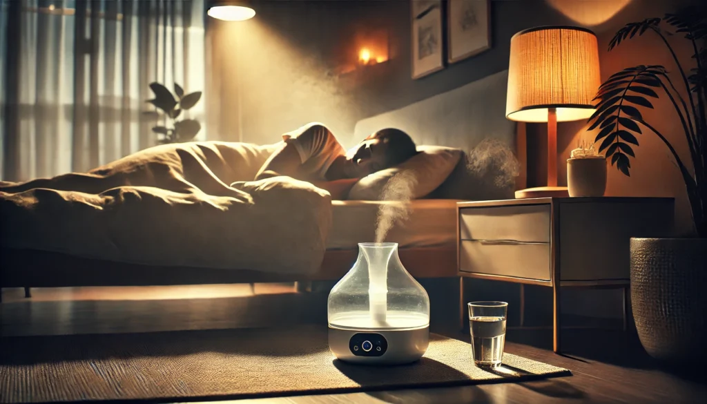 A peaceful bedroom setting with soft lighting and a person sleeping soundly, surrounded by cozy blankets, a humidifier, and a nightstand with a glass of water, emphasizing the role of rest in cognitive recovery after the flu.