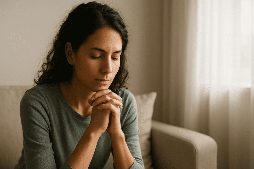 A light-skinned woman in her 30s with curly brown hair sitting on a beige sofa, deep in thought, with soft natural light coming through a window."