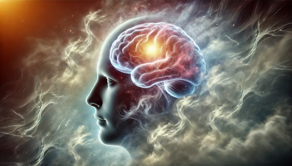 A conceptual visualization of brain fog caused by anxiety, showing a human head enveloped in swirling mist, representing cognitive cloudiness. The face is partially obscured by the fog, with glowing neural pathways in the background, symbolizing mental fatigue and confusion.
