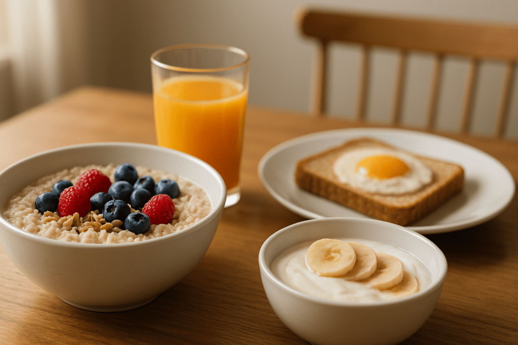 A photorealistic breakfast scene featuring a bowl of oatmeal with blueberries, raspberries, and sunflower seeds, alongside a glass of orange juice, a plate with egg on toast, and a bowl of yogurt topped with banana slices, all on a wooden table in soft morning light.