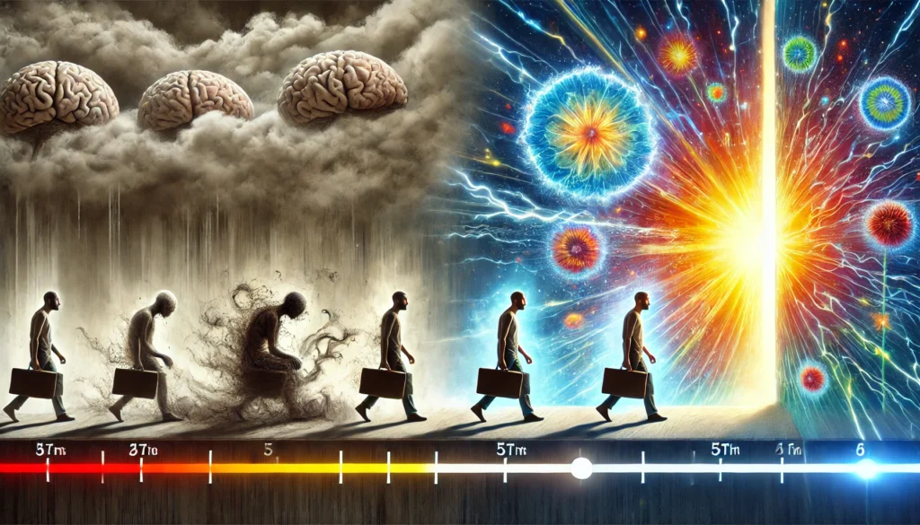 A surreal transition from brain fog to mental sharpness, visualizing the effects of Noopept over time.