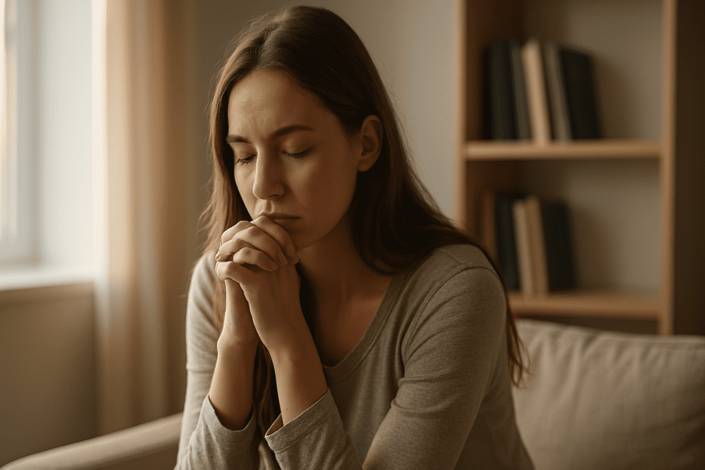 A young woman with light brown hair sits quietly with her eyes closed and hands clasped near her face in a softly lit room, appearing deep in thought or reflection.