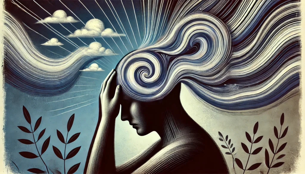 A person holding their head with swirling abstract waves around them, visually representing stress, tension, and anxiety. The background fades from dark to light, indicating relief.