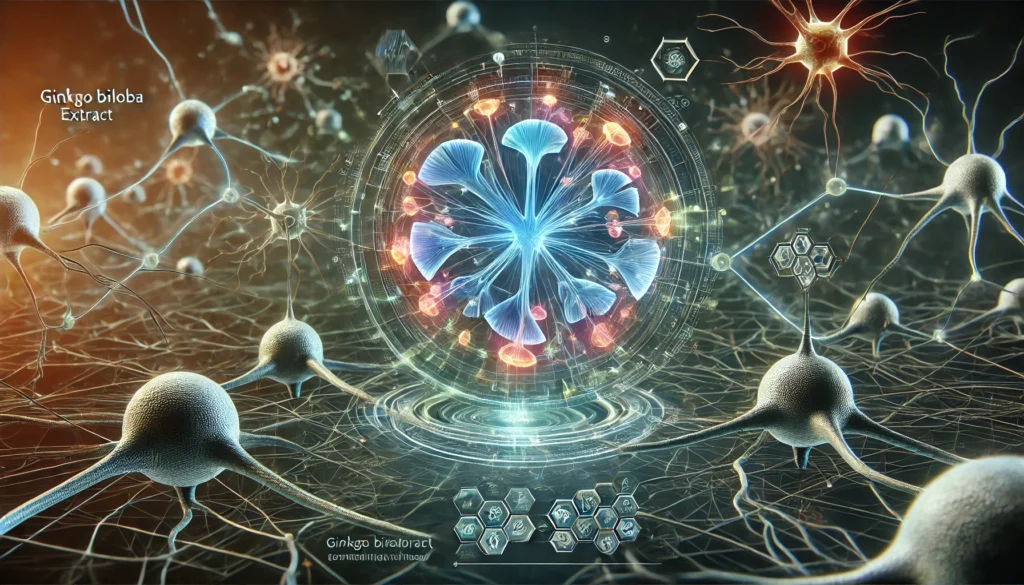 A futuristic digital visualization of Ginkgo biloba extract interacting with brain neurons, highlighting enhanced synaptic connections and neurochemical activity influenced by natural compounds.