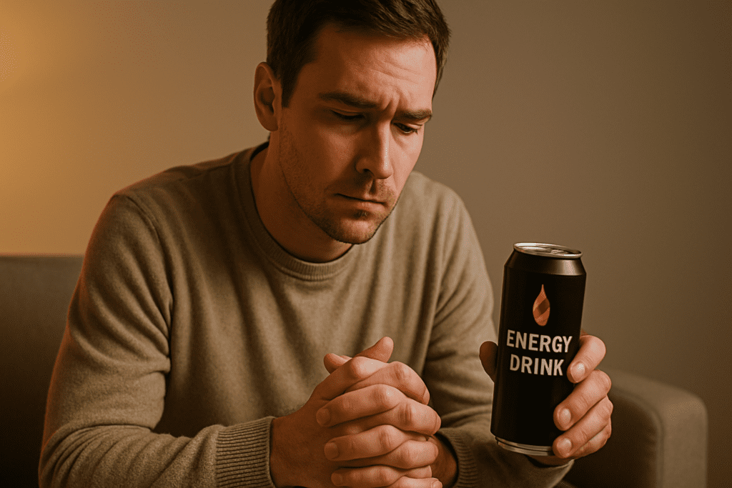 A young man with short, dark brown hair sits on a light gray couch, gazing thoughtfully at the energy drink can in his hand. The scene is softly illuminated with warm light, focusing on his contemplative expression and the minimalist background.
