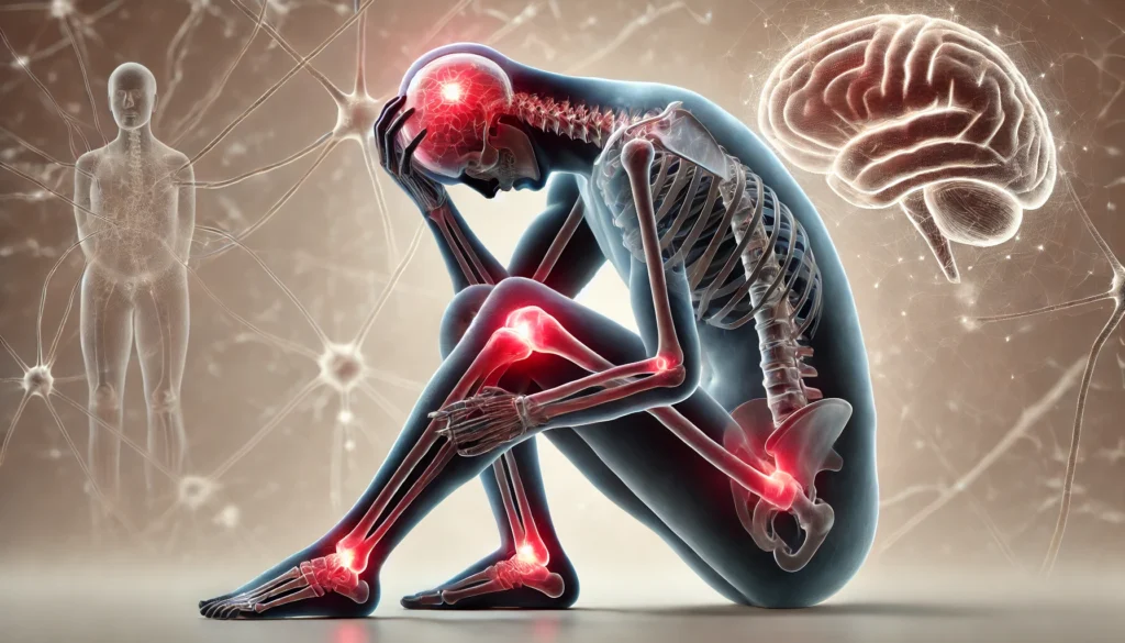 A medical-style 3D render of a human skeleton with highlighted red joints (knees, elbows, wrists) depicting pain. A soft, hazy blur surrounds the brain area, symbolizing brain fog, while the posture conveys fatigue. The backdrop includes faint neuron connections, suggesting cognitive treatments.