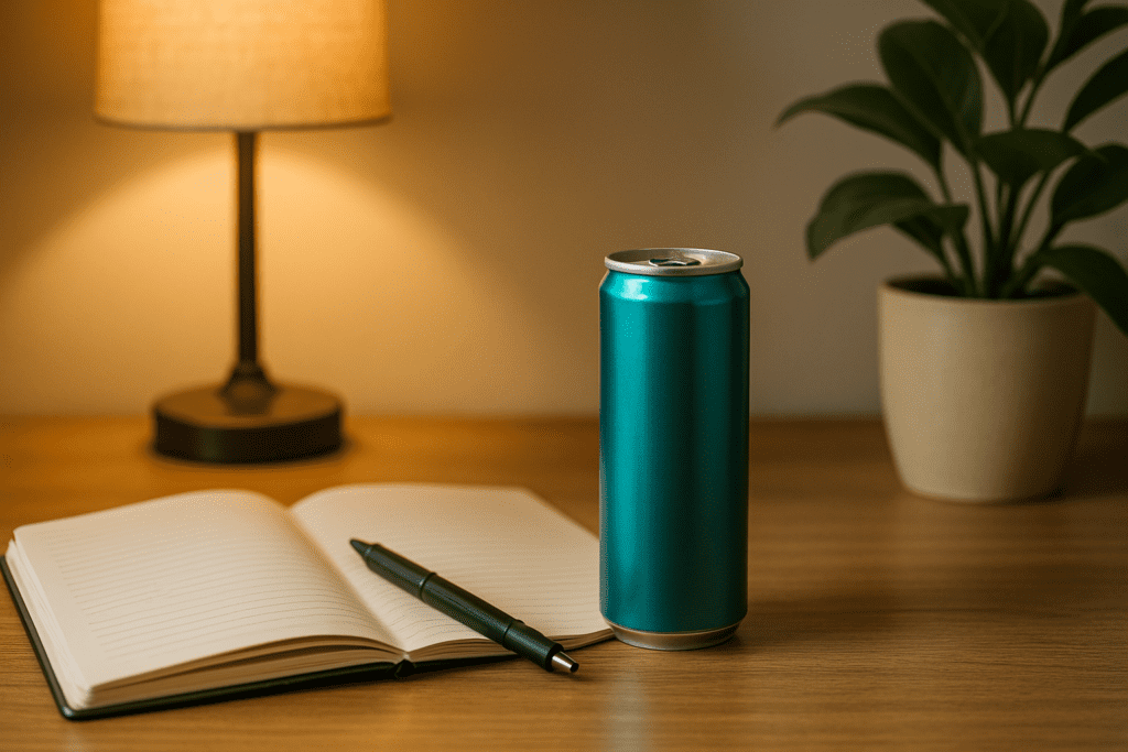 A cozy desk setup with an open notebook, a black pen, and a green energy drink can on a polished wooden table. The scene is warmly lit, with a cushioned chair and leafy plant in the background.