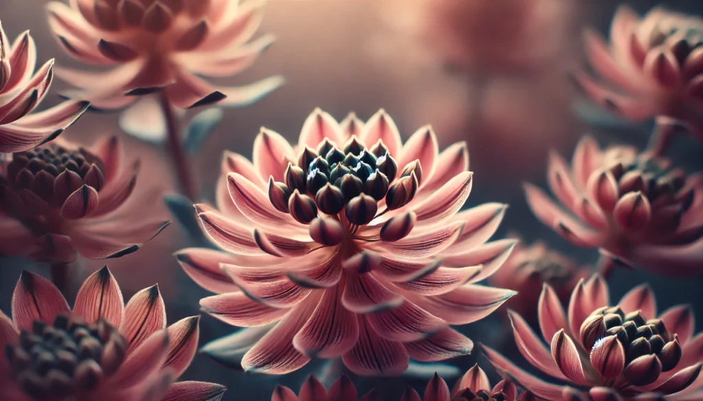 A macro shot capturing the intricate details of Rhodiola Rosea flowers and leaves, highlighting their natural beauty and therapeutic properties for ADHD and stress relief.