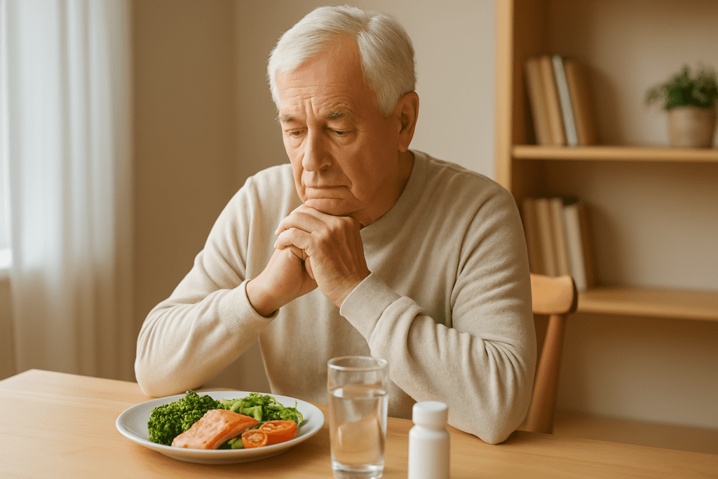 An elderly Caucasian man in his 70s enjoys a healthy meal, featuring a salmon fillet and fresh vegetables, in a sunlit dining room with a peaceful, homely atmosphere.