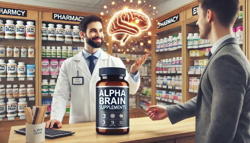 A pharmacist handing a bottle of Alpha Brain to a customer at a pharmacy counter. The shelves filled with various health supplements in the background reinforce the credibility and accessibility of Alpha Brain in pharmacies.