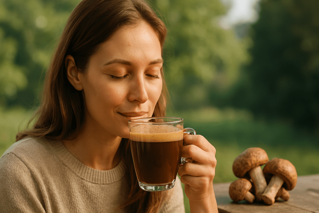 A young woman sits outdoors in soft morning sunlight, enjoying a cup of mushroom coffee with a serene expression. Surrounded by natural greenery and a few visible mushrooms on a wooden table, the scene emphasizes the calming and earthy appeal of mushroom coffee as part of a healthy lifestyle.