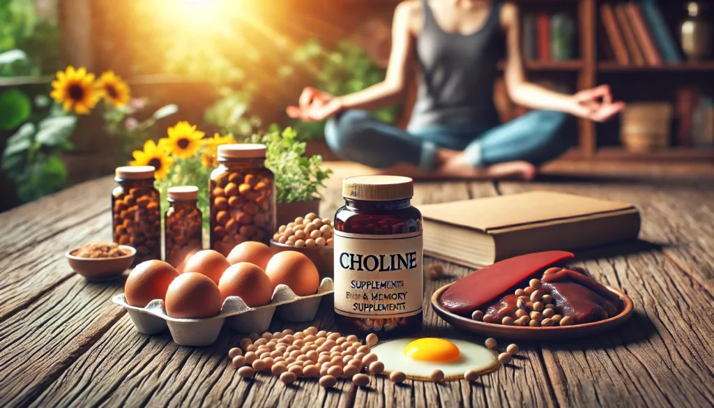 A wellness-inspired visual displaying choline-rich foods, including eggs, liver, and soybeans, arranged on a wooden table. The background features a serene scene with a person meditating or reading, symbolizing mental clarity.