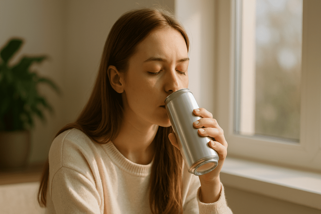Close-up of a woman enjoying an energy drink in natural morning light. She is seated indoors by a window with subtle greenery in the background, suggesting calm focus and a natural energy boost.