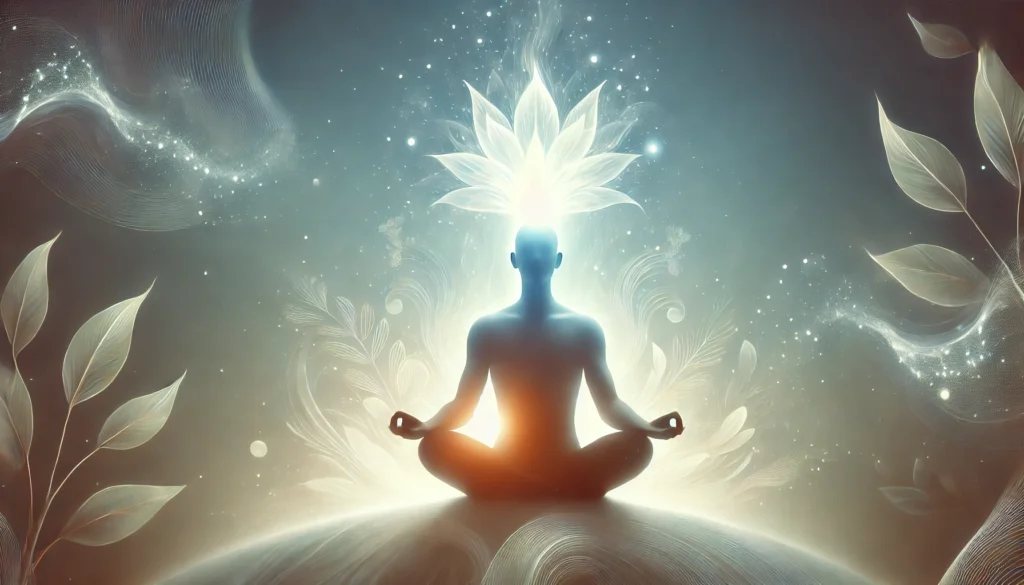A conceptual illustration of a person meditating with a glowing aura around their head, symbolizing stress relief, focus, and mental clarity. The background features a soft, ethereal light with a tranquil, nature-inspired atmosphere.