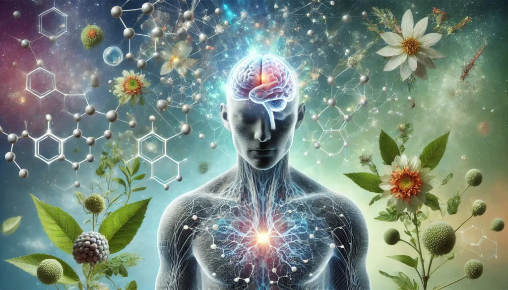A futuristic transparent-headed human figure revealing a luminous brain, encircled by swirling neurotransmitter molecules and botanical elements, visually representing the synergy between adaptogen nootropics and cognitive performance.