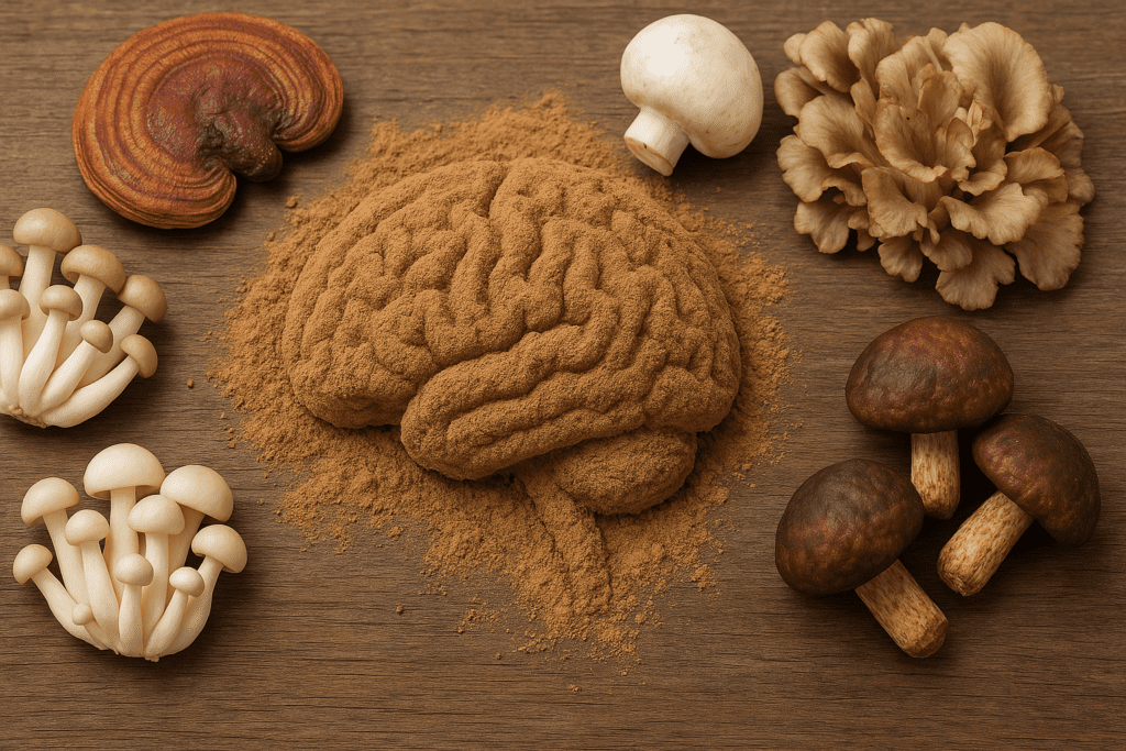 "Realistic digital brain illustration surrounded by functional mushrooms and floating immune system icons, emphasizing immune-boosting benefits of mushroom supplements for brain and body wellness."