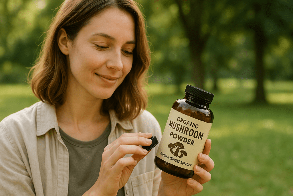 A young woman outdoors examines a bottle of organic mushroom powder, bathed in soft natural morning light with a sunlit park background. This photorealistic image highlights a serene moment of choosing a quality mushroom supplement for brain and immune support.