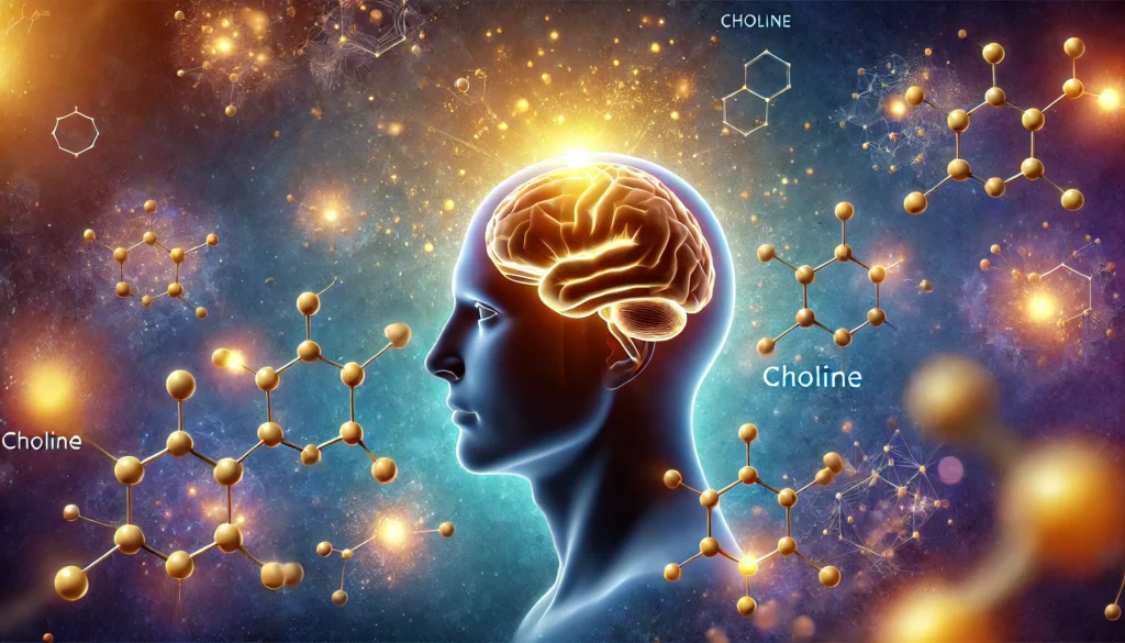 A conceptual depiction of a person’s head with an illuminated brain, surrounded by floating molecular structures representing choline. The brain emits a warm glow, symbolizing mental well-being, against a deep blue and purple background.