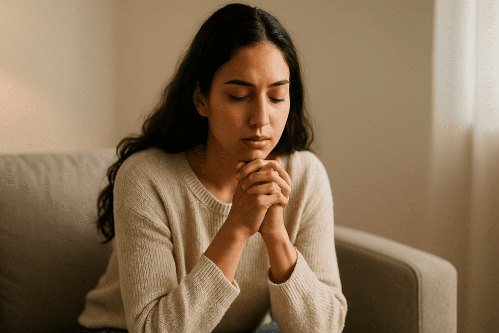 A young woman sits quietly on a light gray sofa in a minimalist living room, hands clasped under her chin and eyes closed, softly lit by natural morning light through a nearby window.
