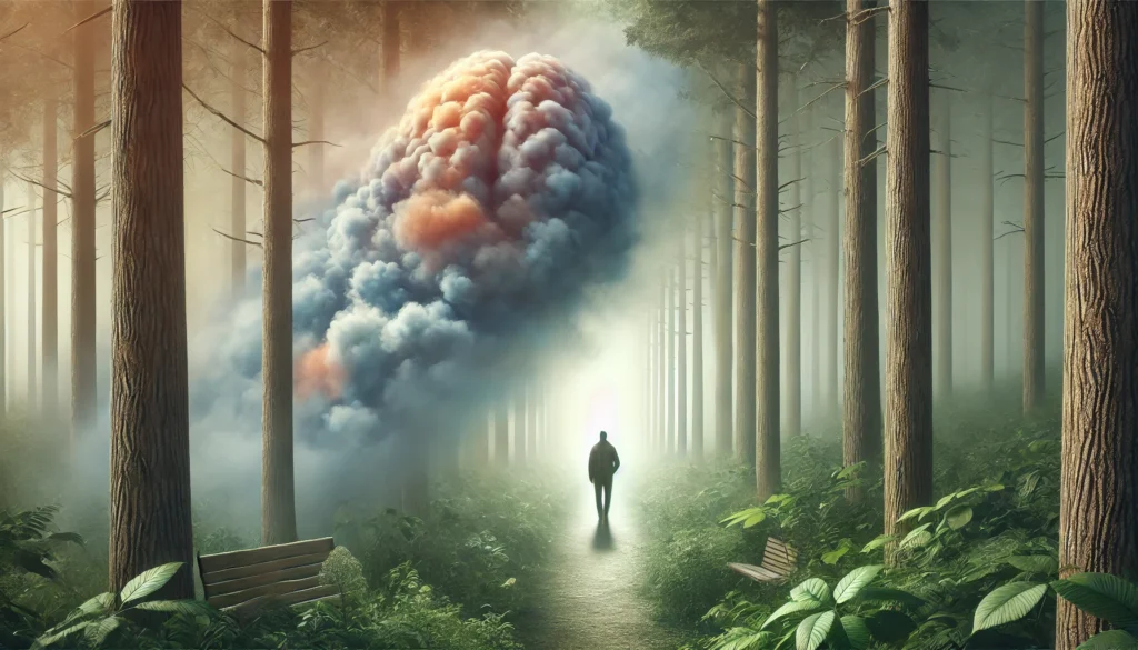 A surreal scene of a person walking through a foggy forest, with a blurry, distorted aura around their head, gradually clearing as they approach a sunlit path, representing cognitive awakening.