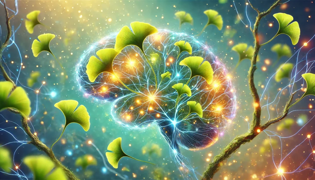 A vibrant neural network intertwined with Ginkgo Biloba branches, showing enhanced brain function. Glowing synapses spark with golden-green energy, symbolizing dopamine release and mental clarity.