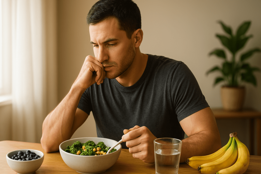 A photograph features a close-up, medium shot of a man in his late 20s seated at a wooden table, resting his chin on his hand in a thoughtful pose, gazing at a bowl of vegetables and legumes. Soft morning light from a nearby window highlights the healthy meal and adds warmth to the clean, neutral-toned room.