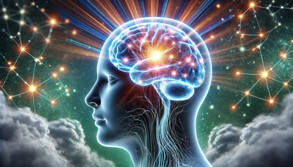 A glowing human brain with illuminated neural pathways, showcasing improved cognitive function, focus, and mood balance due to L-Theanine’s effects on dopamine regulation.
