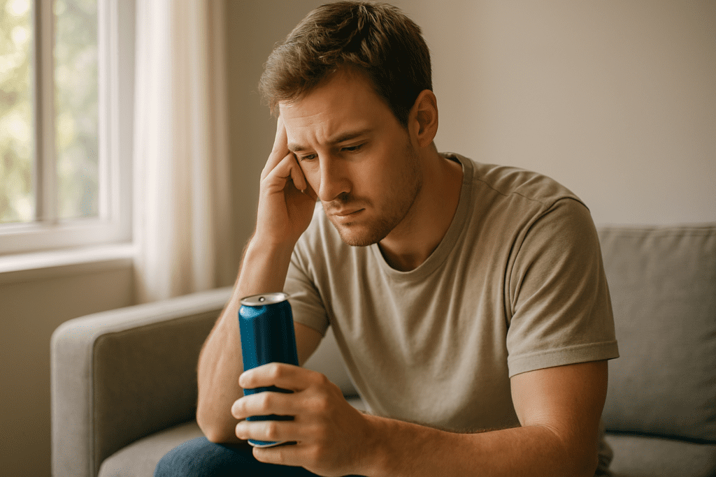 A young man sits on a light gray sofa, holding an energy drink can with both hands, gazing down thoughtfully. Warm morning sunlight filters through a nearby window, softly illuminating the clean, neutral-toned living room around him.
