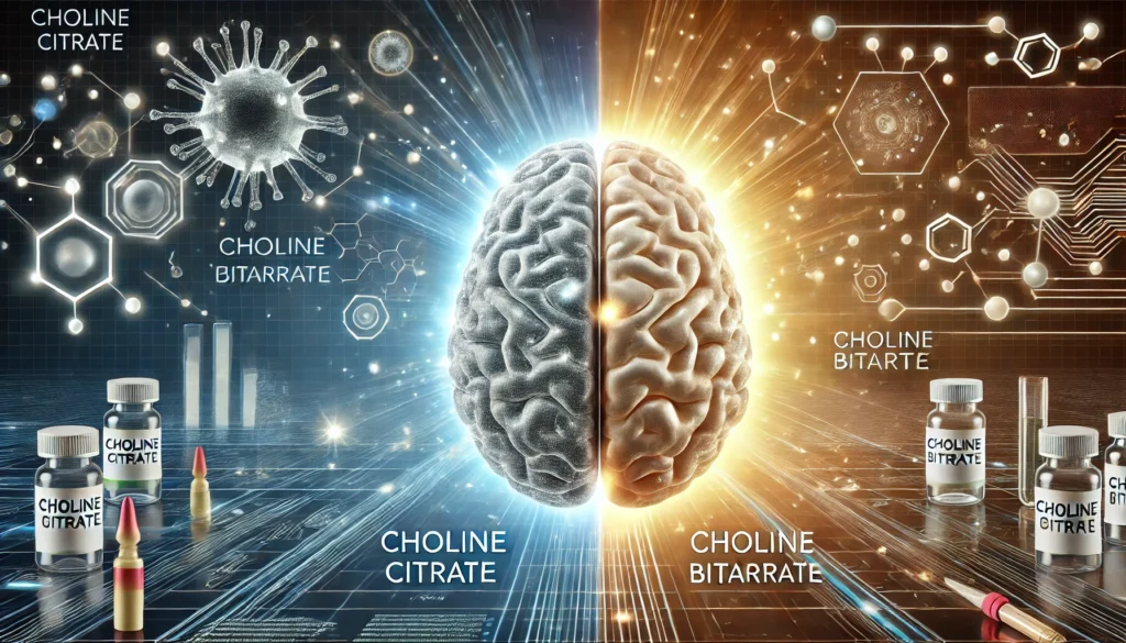 A high-tech digital rendering of a human brain split into two effects: the left side brightly illuminated, symbolizing Choline Citrate, and the right side slightly subdued, representing Choline Bitartrate. The backdrop features neural pathways, neurotransmitters, and a cutting-edge research environment.