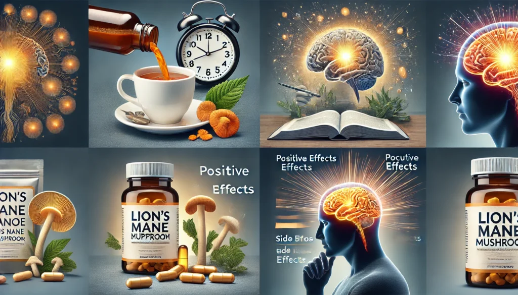 A meditating individual with a glowing brain illustration, representing enhanced cognitive function and mental clarity from Lion’s Mane supplementation.