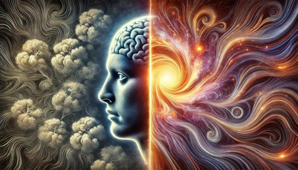 A surreal split-face depiction, illustrating the benefits and side effects of Mindhoney and Alpha Brain—one side glowing with clarity, the other clouded with distortion.