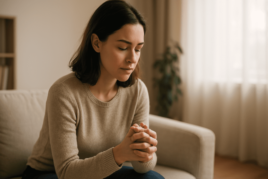 A young woman with shoulder-length dark brown hair sits thoughtfully on a beige sofa in a warmly lit modern room, with soft shadows cast on a minimalistic backdrop featuring a potted plant and bookshelf.